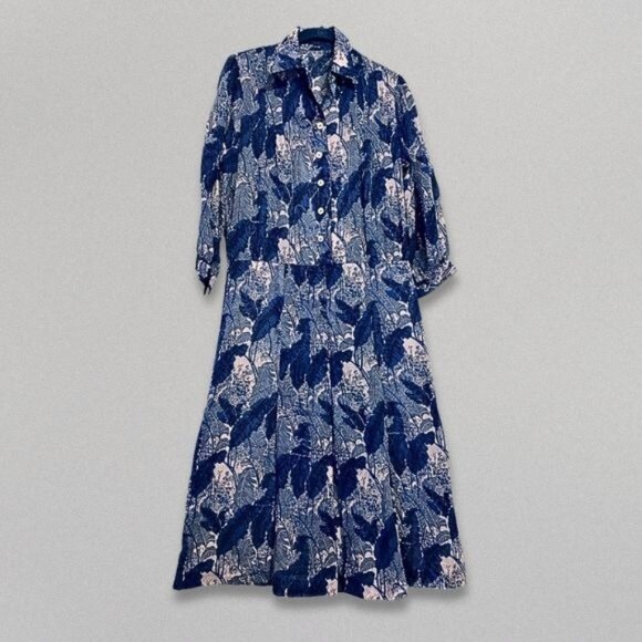 Vintage 1960s/70s Day Dress Floral‎ Print Button-Up Front Blue/White L - Picture 1 of 11